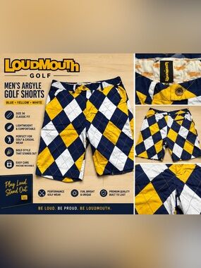 Loudmouth Golf Argyle Shorts Men’s Size 36 Blue Yellow White LoudMouth Plaid